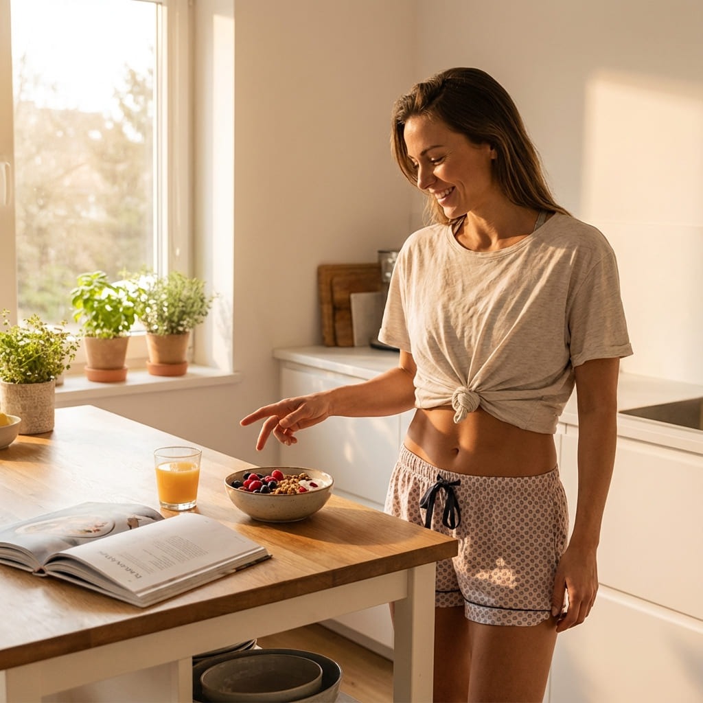 Mulher feliz com barriga reta e café da manhã saudável